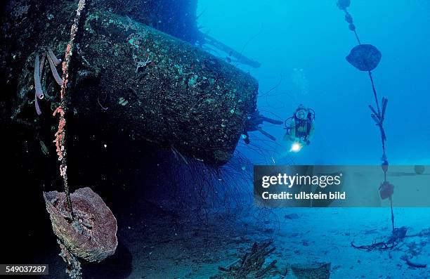 Scuba diver on the Hilma Hooker Ship Wreck, Netherlands Antilles, Bonaire, Caribbean Sea