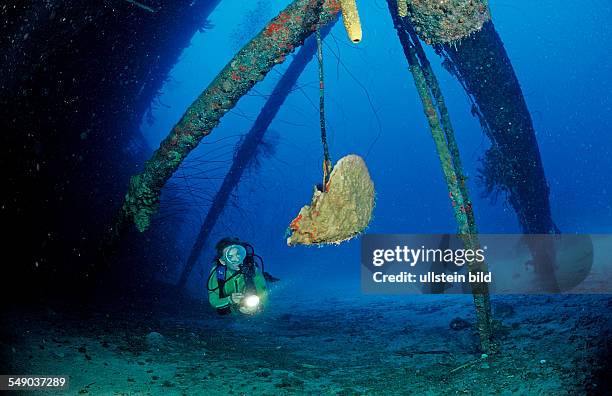 Scuba diver on the Hilma Hooker Ship Wreck, Netherlands Antilles, Bonaire, Caribbean Sea