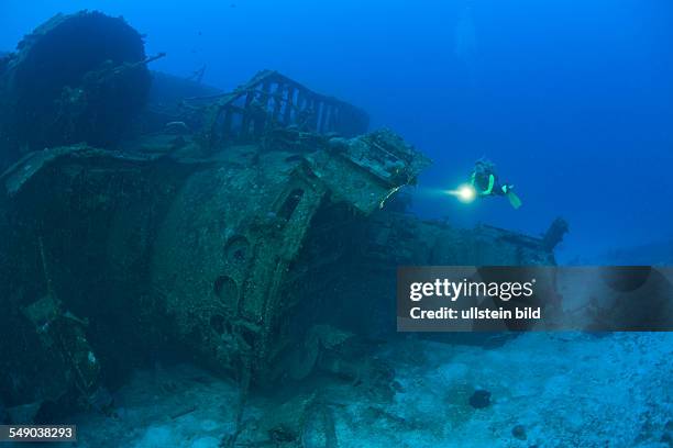 Diver at Bridge of Destroyer USS Anderson, Marshall Islands, Bikini Atoll, Micronesia, Pacific Ocean