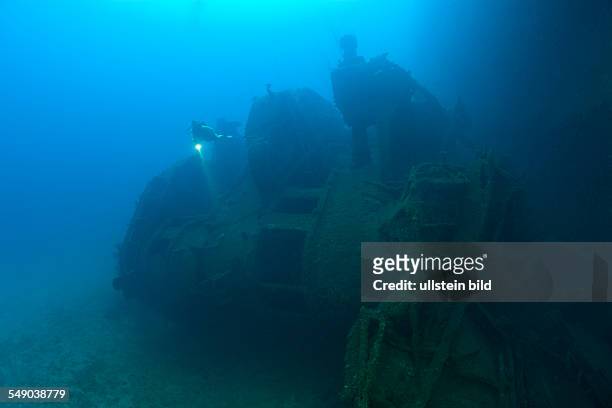 Diver at the Bridge of HIJMS Nagato Battleship, Marshall Islands, Bikini Atoll, Micronesia, Pacific Ocean