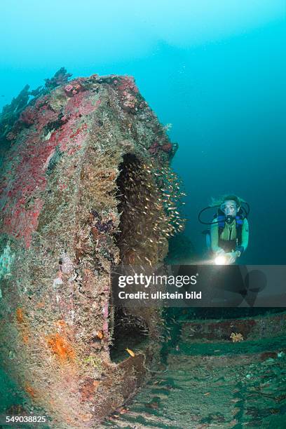 Diver at Kuda Giri Wreck, South Male Atoll, Maldives