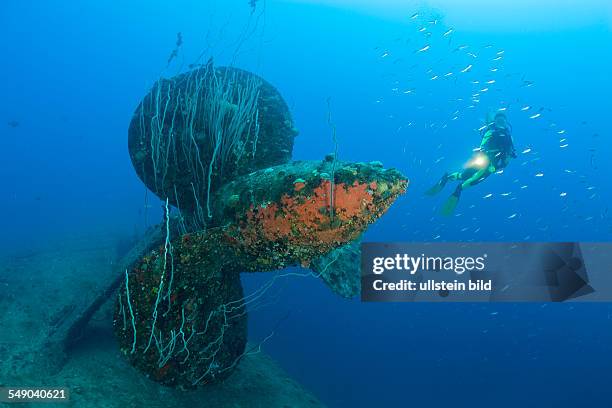 Diver at Propeller of HIJMS Nagato Battleship, Marshall Islands, Bikini Atoll, Micronesia, Pacific Ocean