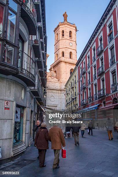 street with cathedral on back. - valladolid spanish city stock-fotos und bilder