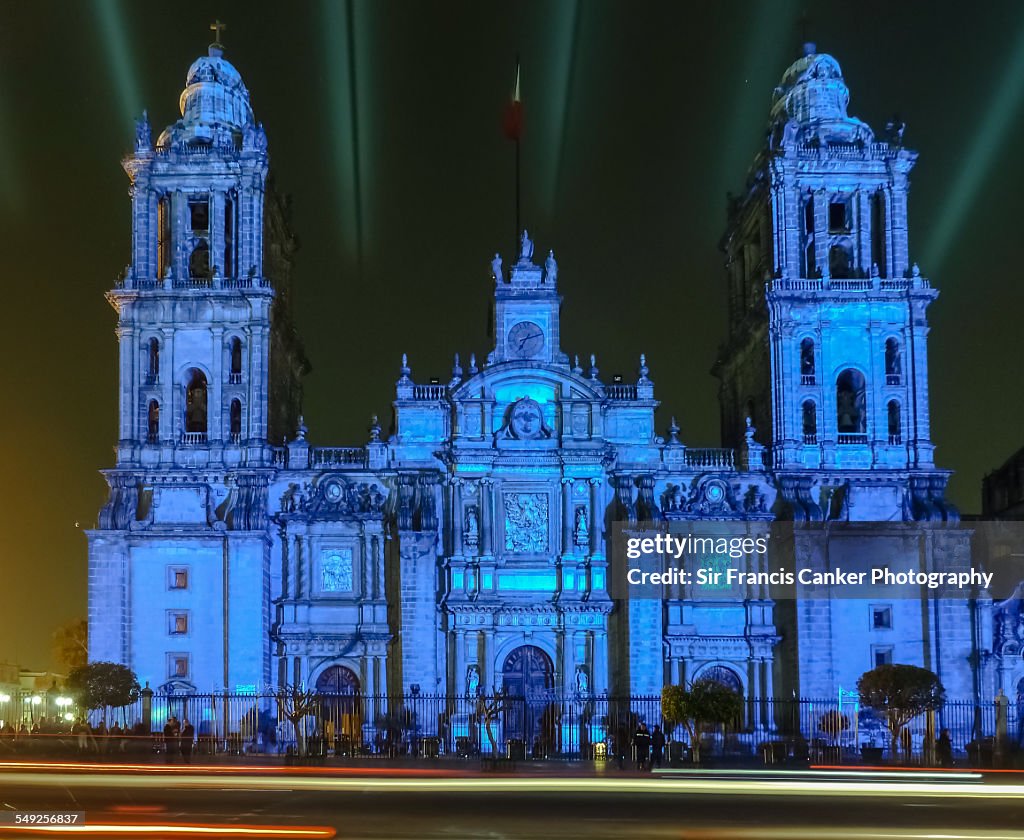 Metropolitan Cathedral illuminated at night Mexico