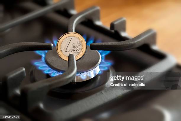 Euro coin on a gas cooker. Symbol for: energy costs, Germany, Europe.