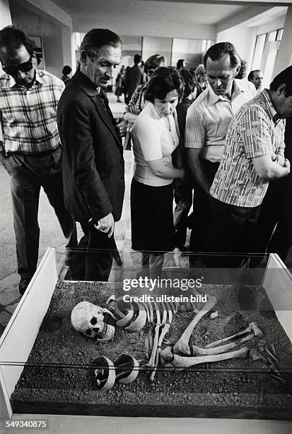 Poland, Posnan, museum, human skeleton in prehistoric grave.