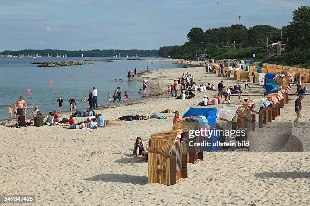 Germany, Kiel, bathing beach Schilksee, beach chairs, people, tourists