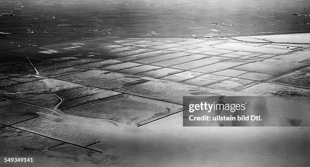 Germany Free State Prussia Schleswig-Holstein Province An aerial view photo of the new developped marsh at the coast of North Frisia - 1934 -...