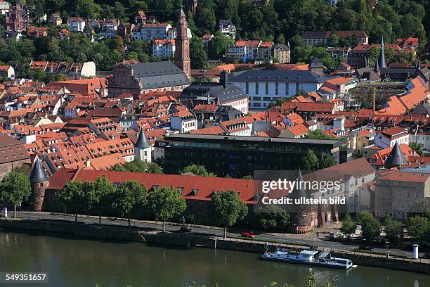 Panoramic view of the old town of Heidelberg with Jesuit church, Alte Universitaet, old university, Neue Universitaet, new university, royal stables...