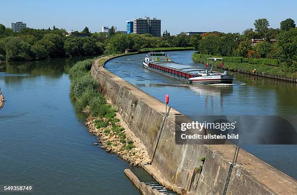 Heidelberg-Neuenheim, cargo ship on the Neckar canal near weir Wieblingen