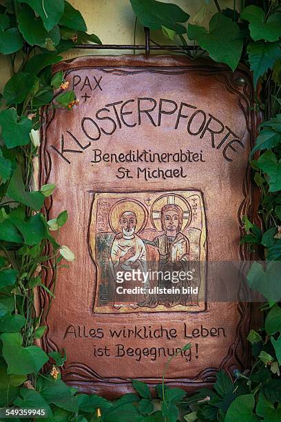 Siegburg, Rhineland, North Rhine-Westphalia, NRW, Benedictine monastery Saint Michael on the Michael hill, monastery gateway, nameplate, guiding...