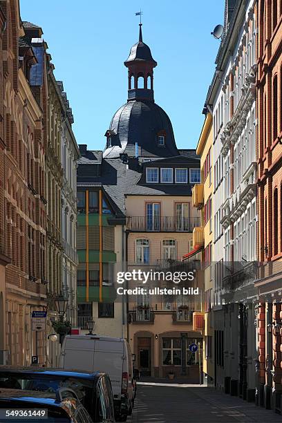 Koblenz, old city, buildings at Goerresstrasse, behind the tower of the vicarage of the Church of Our Lady