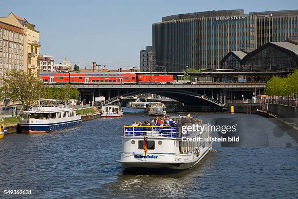 Germany - Berlin - Mitte: the river 'Spree' with excursion boats, railway station 'Friedrichstrasse' with local express train and the office building...