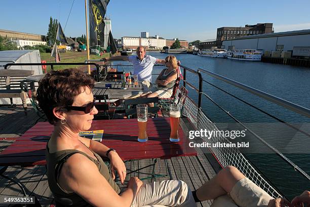 Dortmund, Ruhr area, Westphalia, North Rhine-Westphalia, NRW, Dortmund Port, gastronomy ship Herr Walter, sun deck, restaurant, cafe, tables, chairs,...