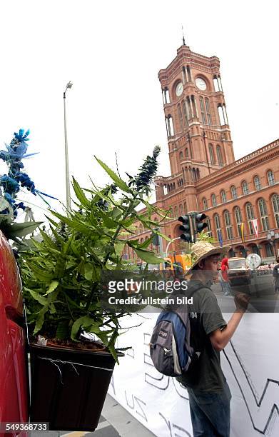 Hanfparade 2004, Beginn am Roten Rathaus, Hanfpflanzen an einem Truck, fuer die Legalisierung von Hanf als Rohstoff, Medizin und Genussmittel