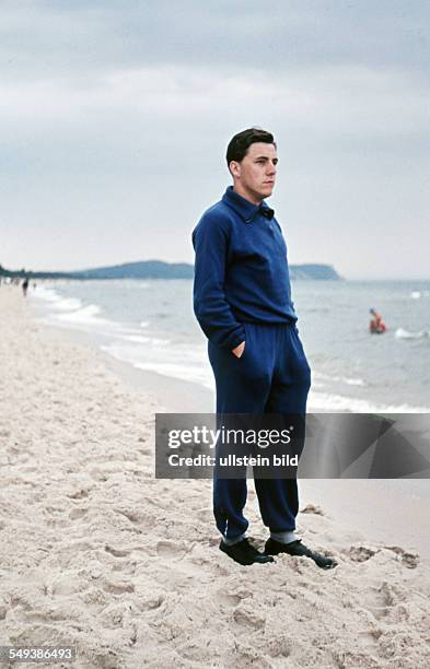 East Germany: Summer at the Baltic Sea, a man on the beach, probably on Ruegen Island