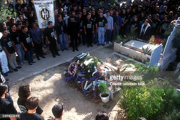 The motorcyclists mourn for their colleague Petros Kakouli who was shot on 10/13/96 in the buffer zone by Turkish military.