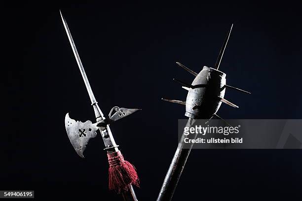 Germany, NRW, Muelheim: Halberd and and flail from 1th 16th century at the museum in Schloss Broich