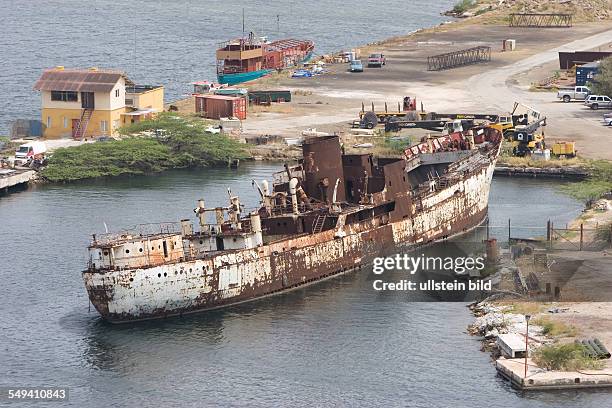 Netherlands Antills, Curacao, Willemstad. Port with wreck shipyard