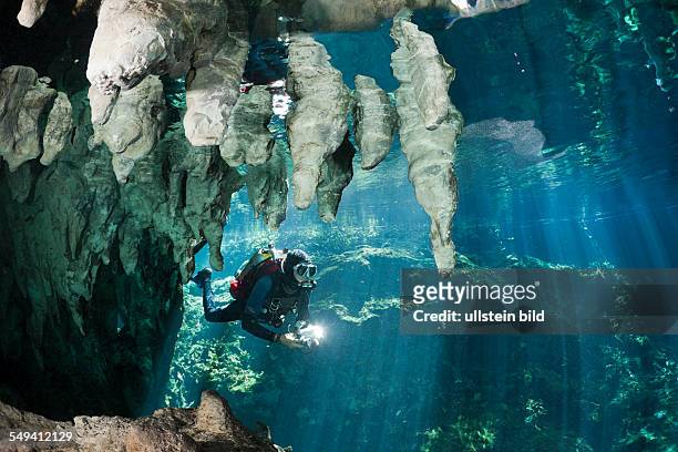 Scuba Diver in Gran Cenote, Tulum, Yucatan Peninsula, Mexico