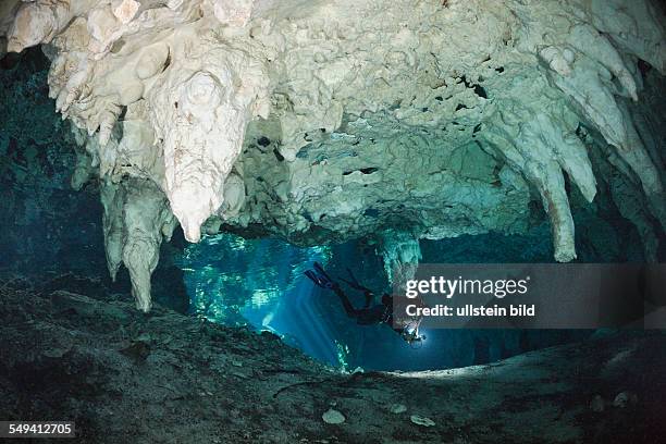 Scuba Diver in Gran Cenote, Tulum, Yucatan Peninsula, Mexico