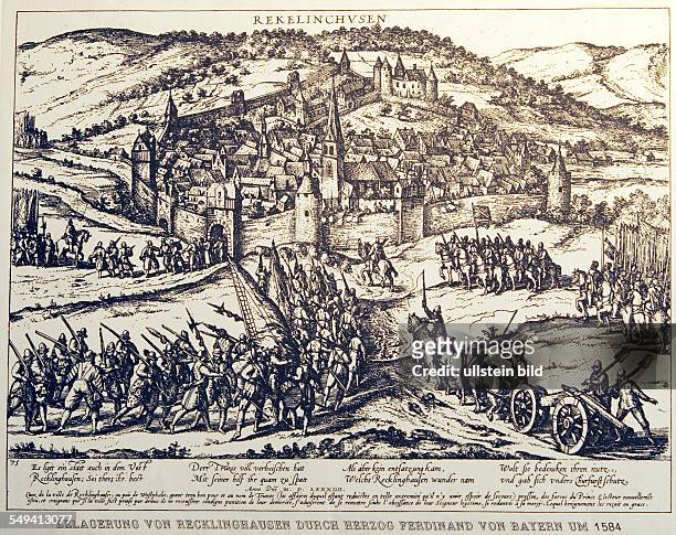 Germany, NRW, Recklinghausen: VESTISCHES MUSEUM. A copperplate of Cologne War made by Wenzel Hollar in 1634