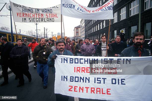 Germany: demonstration of steel workers in front of the Krupp headquarter in Essen.