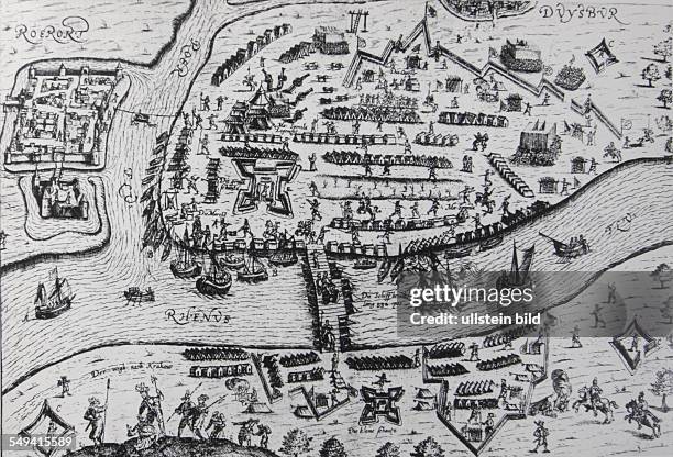 Deutschland. Duisburg: Spanische Truppen unter Marquis Ambrosio Spinola lagern auf beiden Seiten des Rheins 1605.