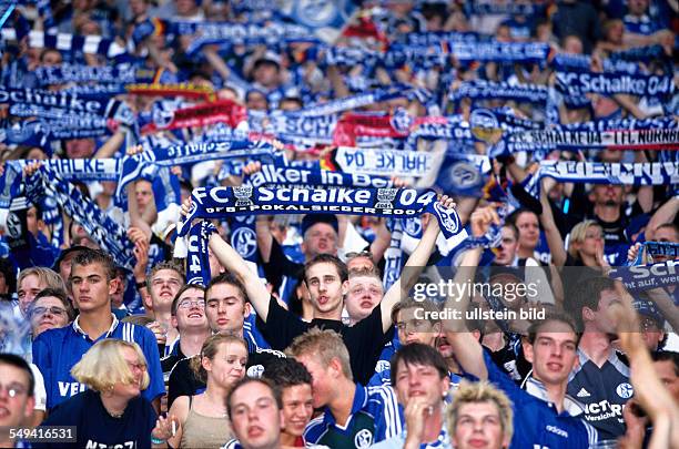 Germany, Gelsenkirchen: Schalke 04 Arena.- Opening event 2001; fanatics in the arena.