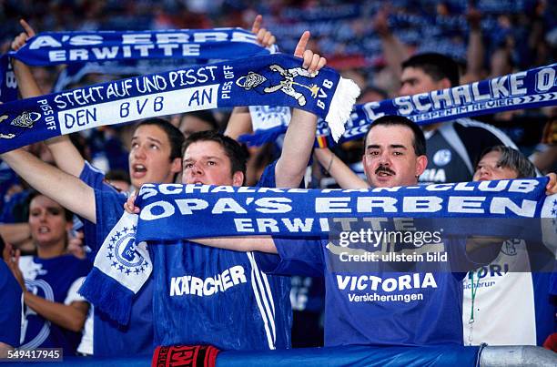 Germany, Gelsenkirchen: Schalke 04 Arena.- Opening event 2001; fanatics in the arena.