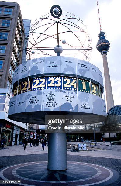 Germany, Berlin: Alexander square; Greenwich Mean Time clock and the television tower.