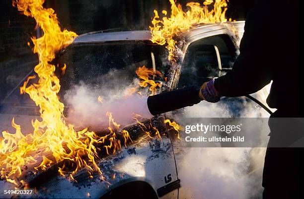 Germany, Duesseldorf: Childrens stunt.- Actors school MK Movie Kids; the burning car is directly extinguished after the short stunt.