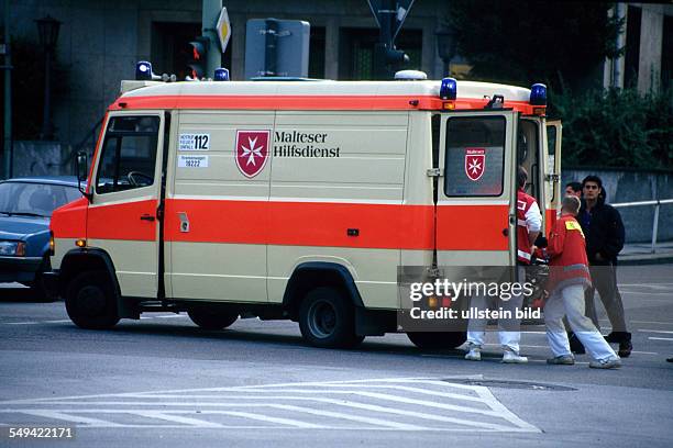 Germany, Essen: MALTESER ambulance being on duty.