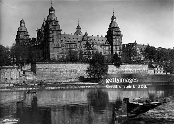 Germany Bavaria Free State Aschaffenburg View at the baroque castle Schloss Johannisburg, seen from the left riverside - ca. 1929 - Photographer:...