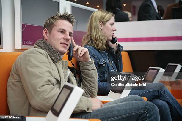 Germany, Hannover, : Cebit 2006.- The exhibition stand of the Deutsche Telekom AG.