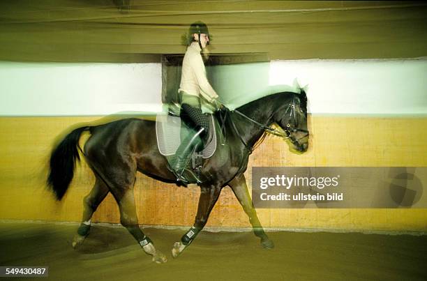 Deutschland: Freizeit.- Junge Frau beim Reiten einer Halle. L DEU, Germany: Free time.- Young woman riding in a hall.