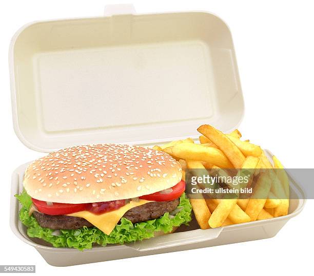 Burger with chips in a plastic box.