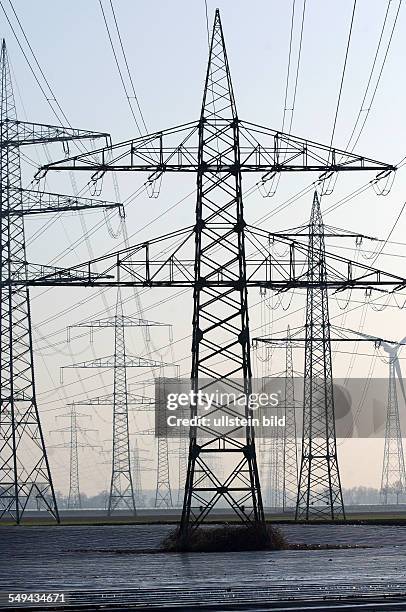 Power Poles of RWE AG between asparagus fields which are covered with foil