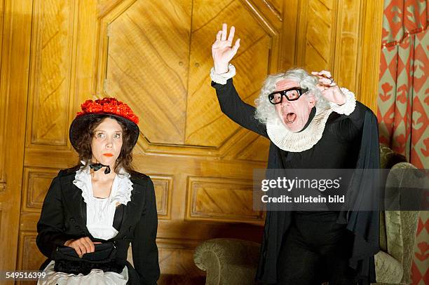 Performance of Moliere's comedy "The Miser" in the Volksbühne, Berlin; scene with Irina Kastrinidis and Martin Wuttke - director: Frank Castorf -...