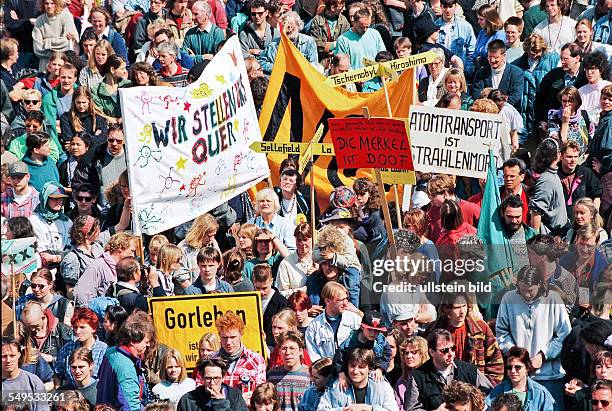 Protests against the transport of containers carrying highly radioactive nuclear waste - Castor-transport - in 1997 in Lower Saxony, Germany....