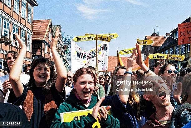 Protests against the transport of containers carrying highly radioactive nuclear waste - Castor-transport - in 1997 in Lower Saxony, Germany....
