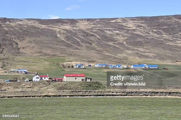 Schneebedeckte Berge, unter denen vereinzelt Bauerngehöfte liegen, prägen die Landschaft im Norden Islands zwischen den Orten Blönduos und Akureyri,...