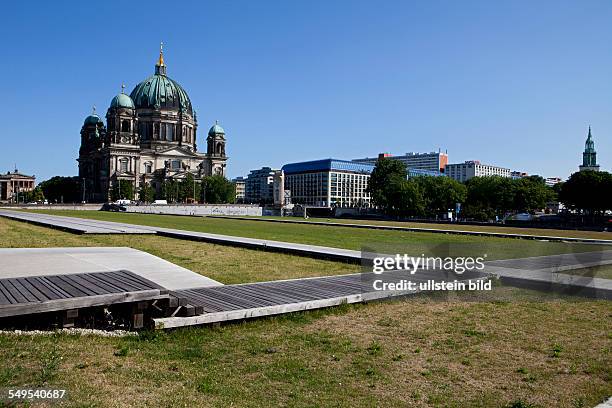 Rasenfläche mit Stegen auf dem Schlossplatz zwischen Berliner Dom und Hans Eisler Musikschule.