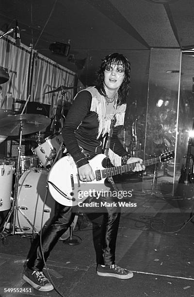 American singer-songwriter and guitarist Joan Jett performs on stage in New York, 1981.