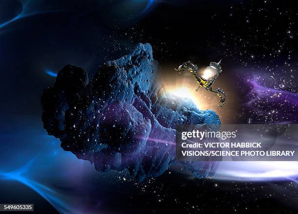 spacecraft landing on asteroid - spaceship stock illustrations