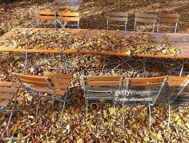 Saisonende im Biergarten, die Saison ist vorbei, Tische und Stühle mit Laub bedeckt