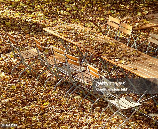 Saisonende im Biergarten, die Saison ist vorbei, Tische und Stühle mit Laub bedeckt