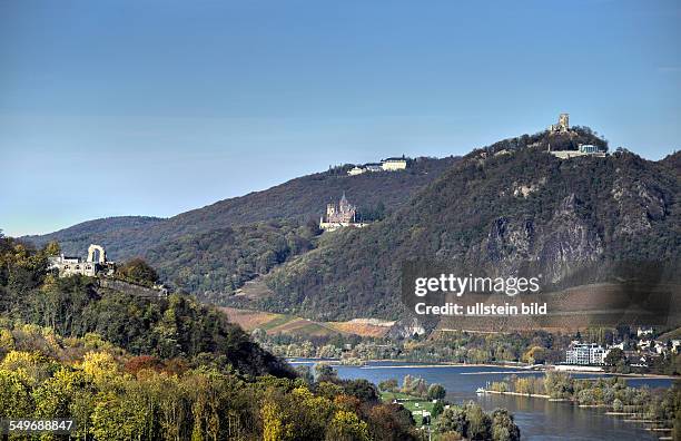 A view of the Rhine Valley an the islands Grafenwerth und Nonnenwerth and the Seven Mountains in the background