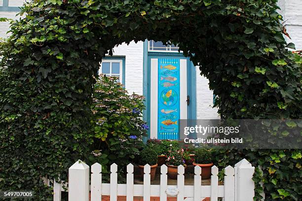 Das Fischerhaus, Typisches altes Fischerhaus in Blankenese, Dekorative Holztür mit Fischmotiven und Efeu bewachsener Torbogen, Süllberg,...