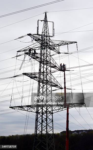 In order of the company RWE, workers on a hogh-voltage mast of RWE AG